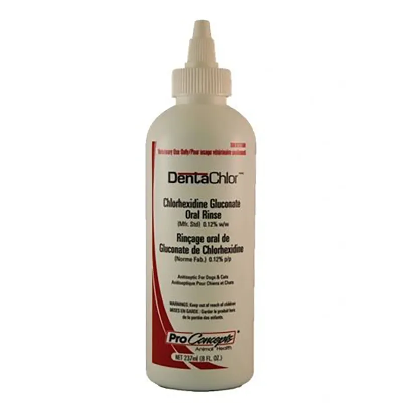 Bottle of DentaChlor Chlorhexidine Oral Rinse for dogs and cats used as an antiseptic rinse to support pet dental hygiene