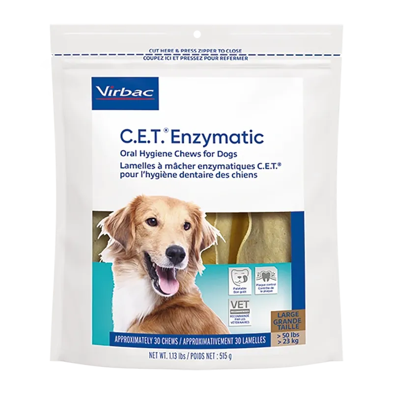 Package of C.E.T. Enzymatic Oral Hygiene Chews for dogs formulated to help reduce plaque and support clean teeth