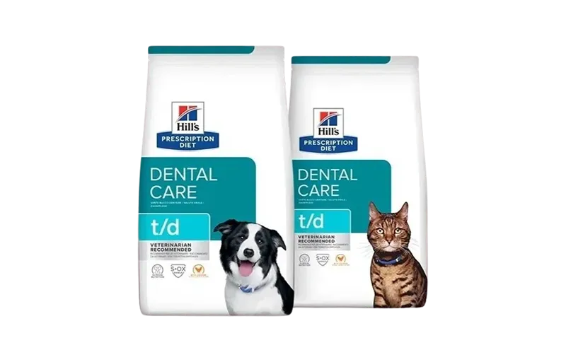 Bags of Hill's Prescription Diet t/d Dental Care food for dogs and cats designed to support oral health through daily nutrition