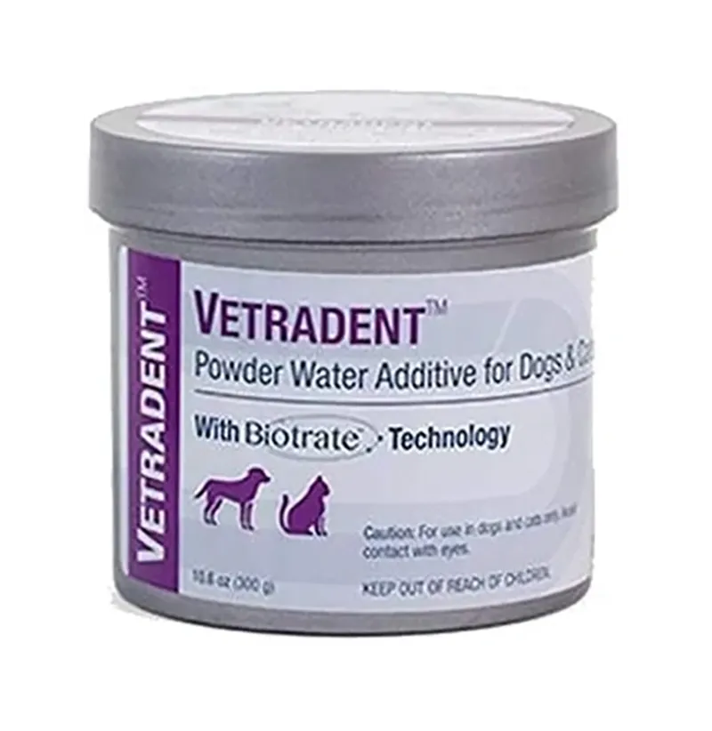 Container of Vetradent powder additive with Biotrate Technology formulated to support oral health in dogs and cats
