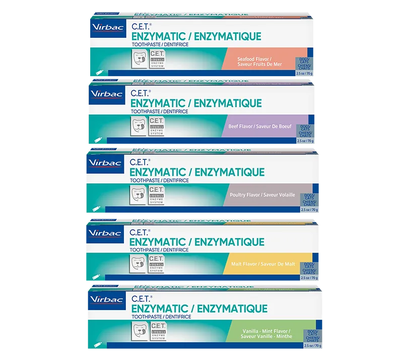 Package of C.E.T. Enzymatic Toothpaste in multiple flavors made for dogs and cats to support daily dental care