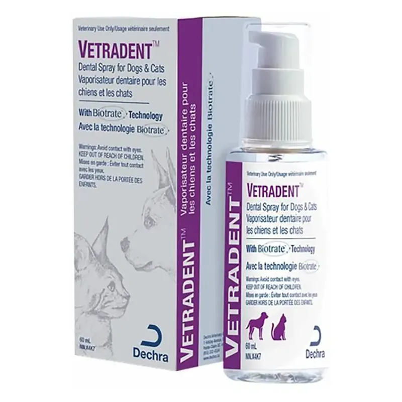 Bottle of packaging of Vetradent Dental Spray for pets used to freshen breath and support dental hygiene